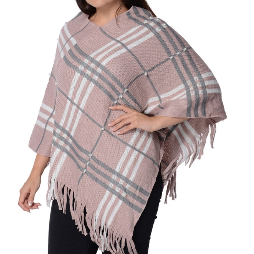 Poncho with Tassels Pink & Gray